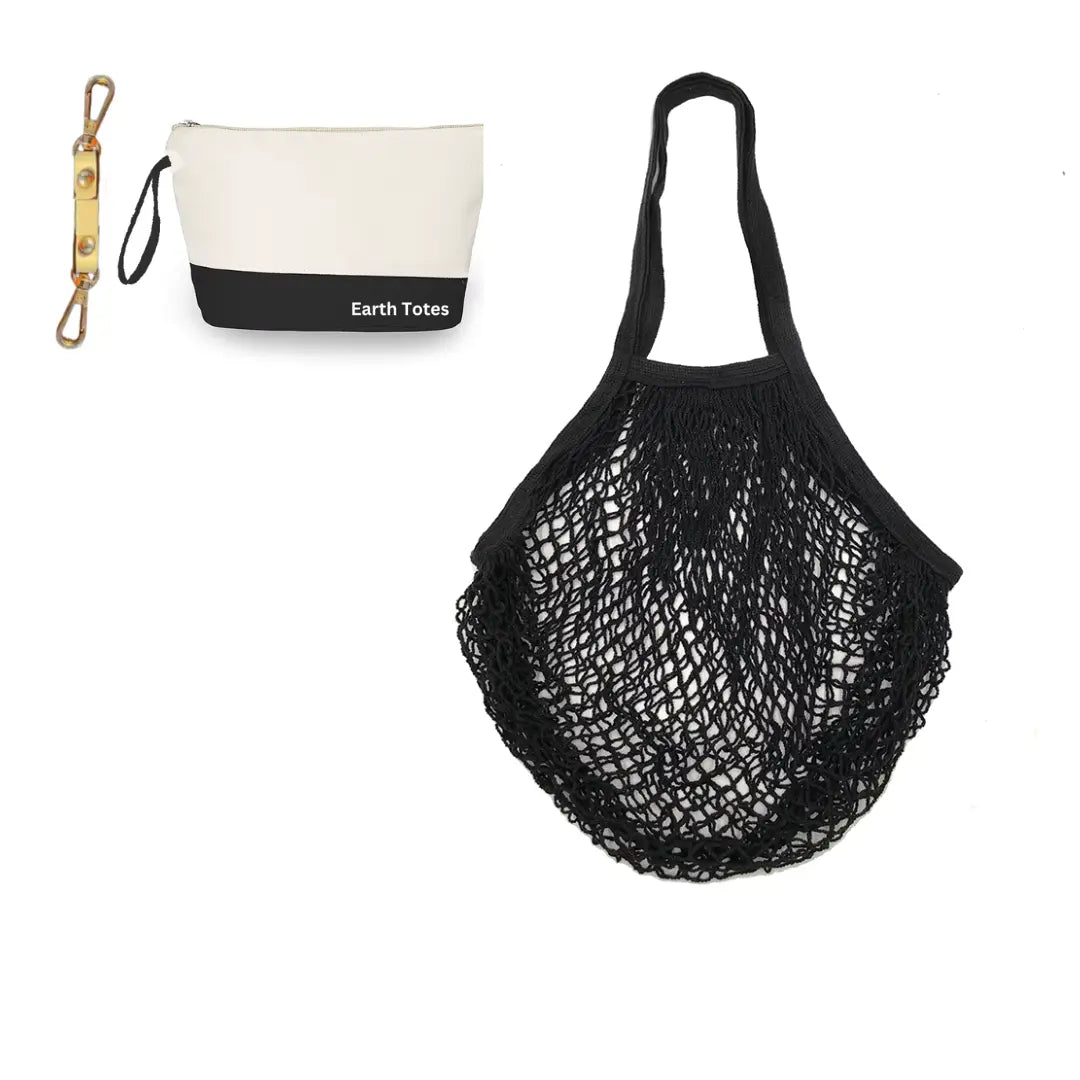 black mesh net bag showing attachable purse and clasp