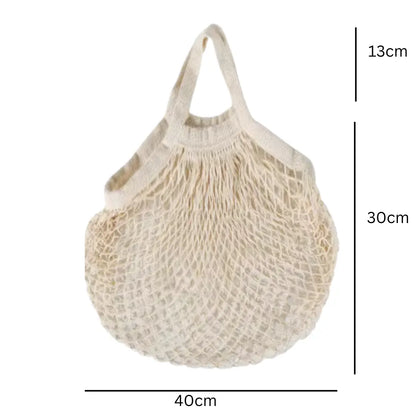 natural colour mesh net bag showing dimensions 30 x 40 cm with 13cm handle