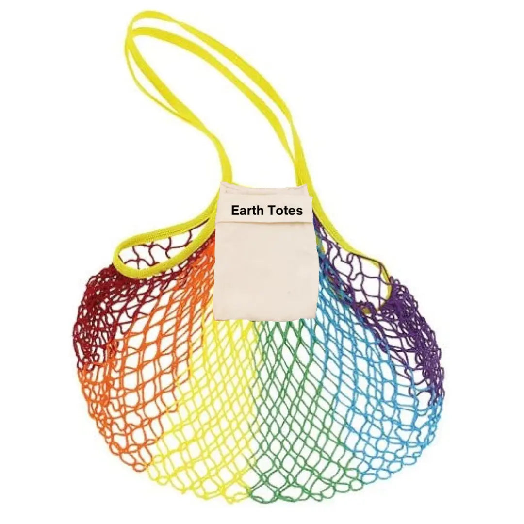 rainbow color mesh net bag with interior pocket and Earth Totes logo
